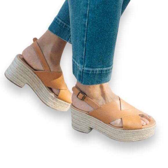 Soludos Amalfi tan leather platform cross strap espadrille sandals size 7 NEW - Picture 1 of 10